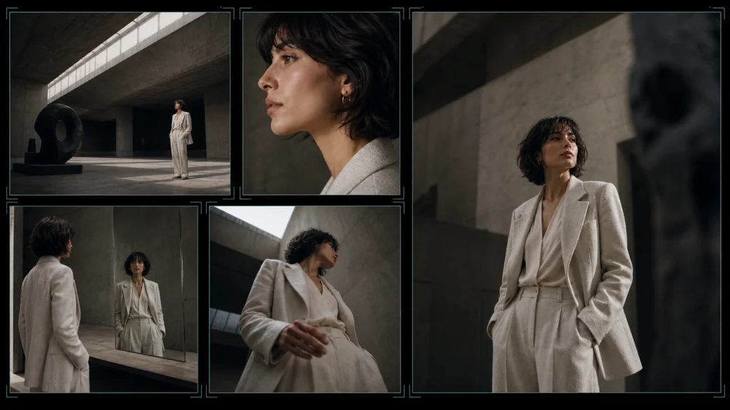 MiniMax H3 cinematic storyboard maintaining the same woman across five camera angles