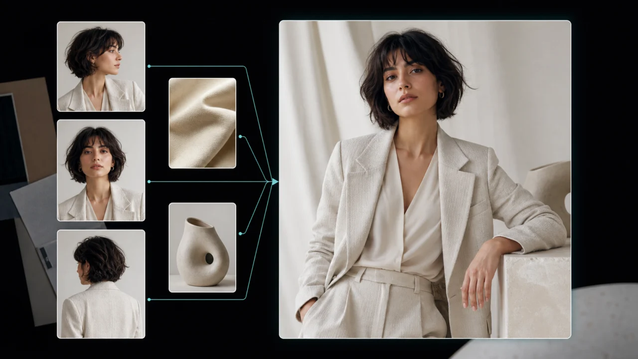 Multi-reference AI image model combining portrait, fabric, and product references into one consistent fashion image