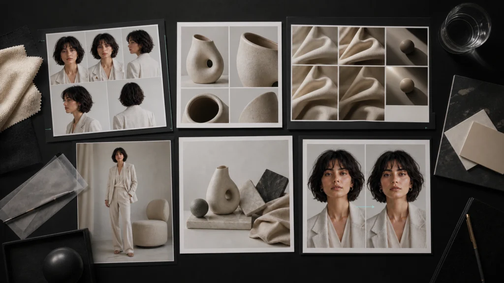Multi-reference AI image test matrix for character, object, material, and editing consistency