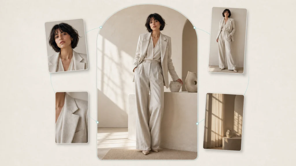 Multi-reference prompt workflow combining portrait, outfit, fabric, and lighting references into one fashion image