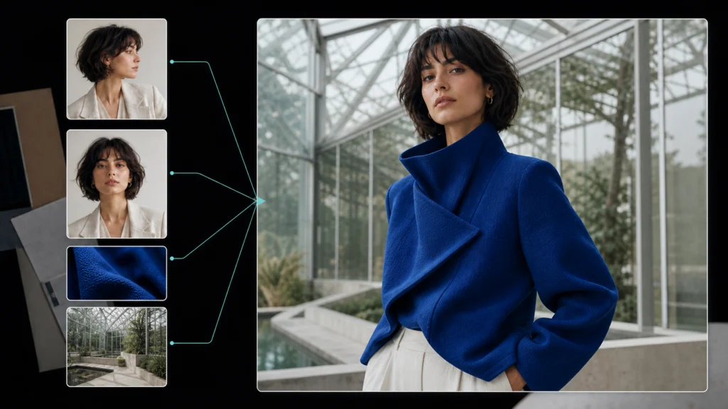 Nano Banana 2 combining portrait, fabric, and greenhouse references into a consistent fashion image
