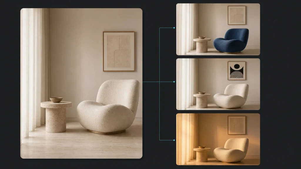 Qwen Image Edit recoloring a chair, replacing wall art, and changing lighting while preserving the original room layout