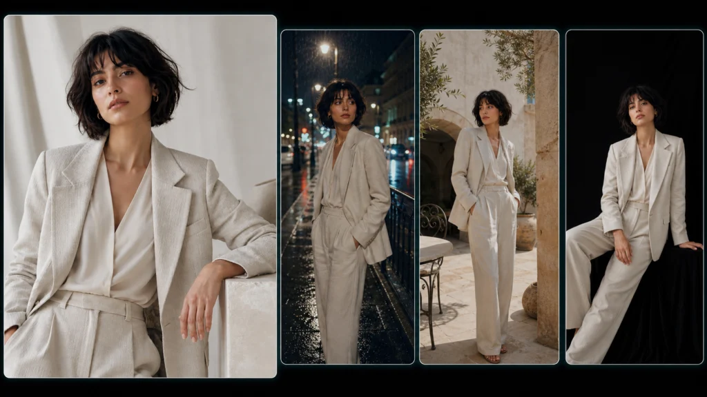 Runway Gen-4 maintaining the same woman and white suit across four different environments