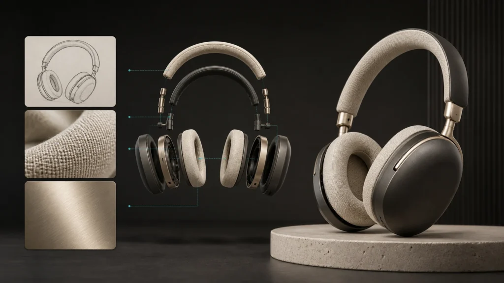Seedream 5.0 Pro turning headphone sketches and material references into an exploded design and finished product render