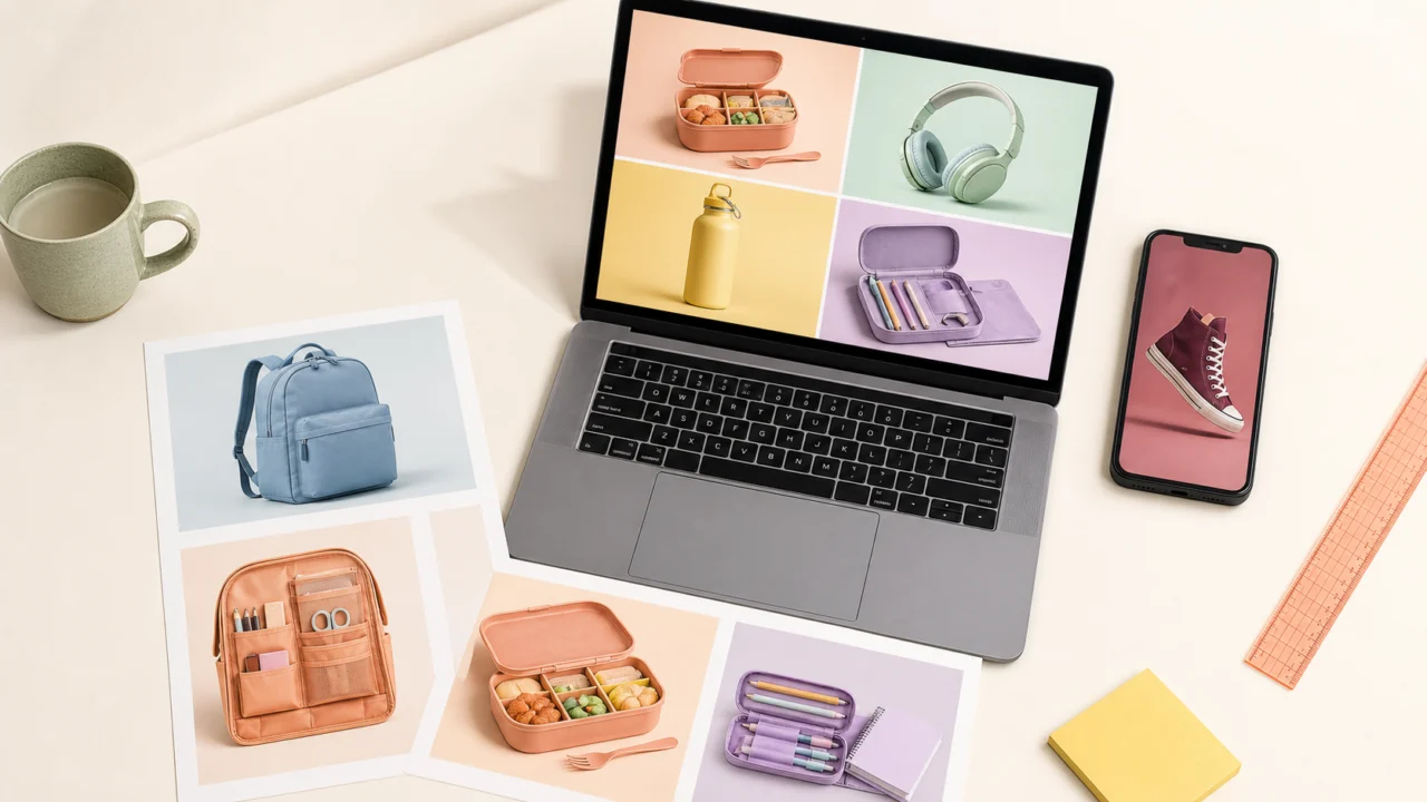 Back-to-school ad ideas created from one product photo using background removal and three static campaign variations