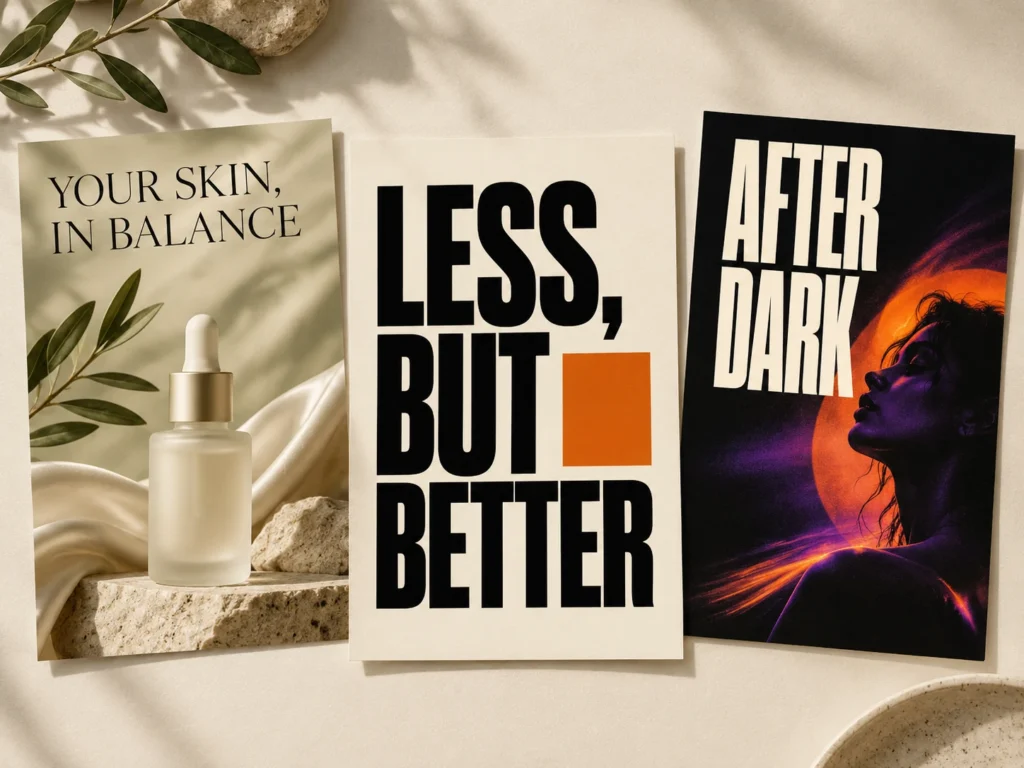 Three AI poster concepts showing bold, elegant, and condensed typography with balanced visual hierarchy.