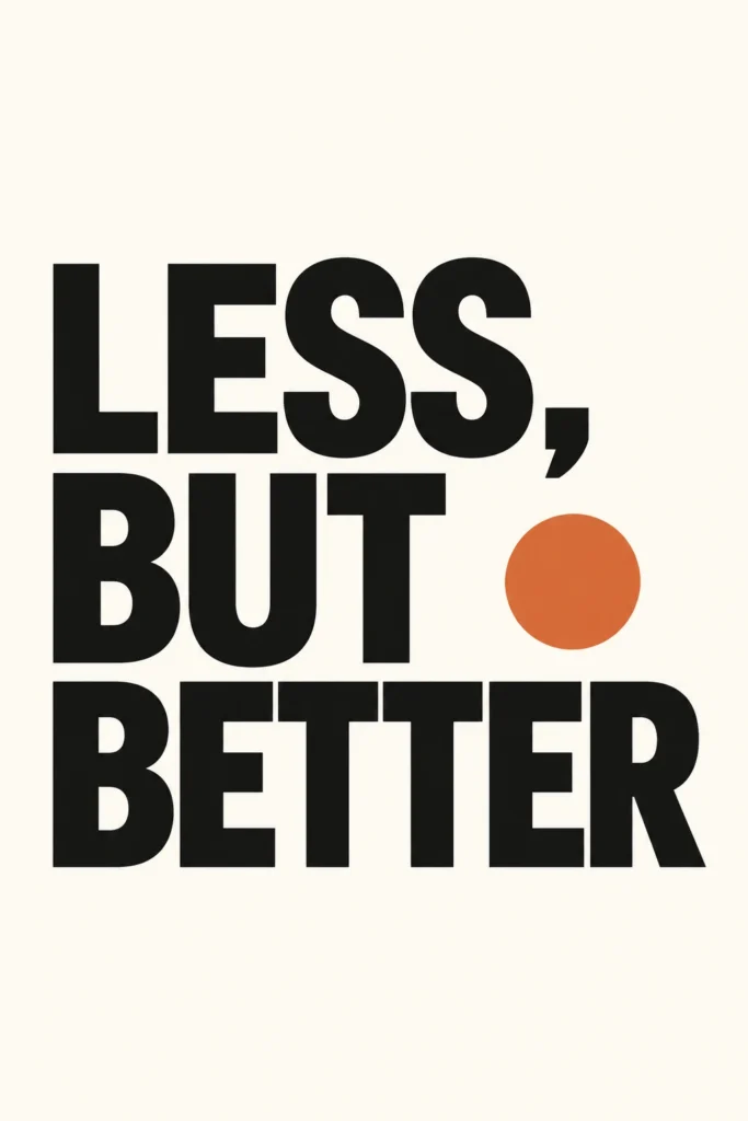 Minimalist poster with “LESS, BUT BETTER” in bold black type on off-white, an orange circle, and generous negative space.