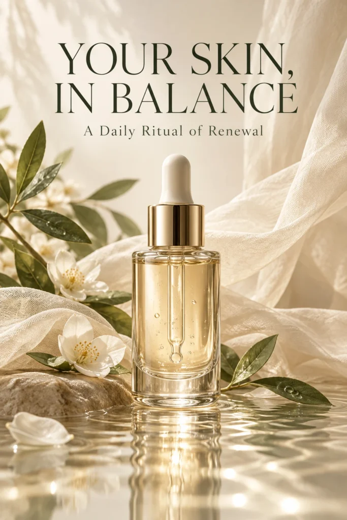 Glass serum bottle with ivory fabric, flowers, and water reflections beneath the serif headline “YOUR SKIN, IN BALANCE.”