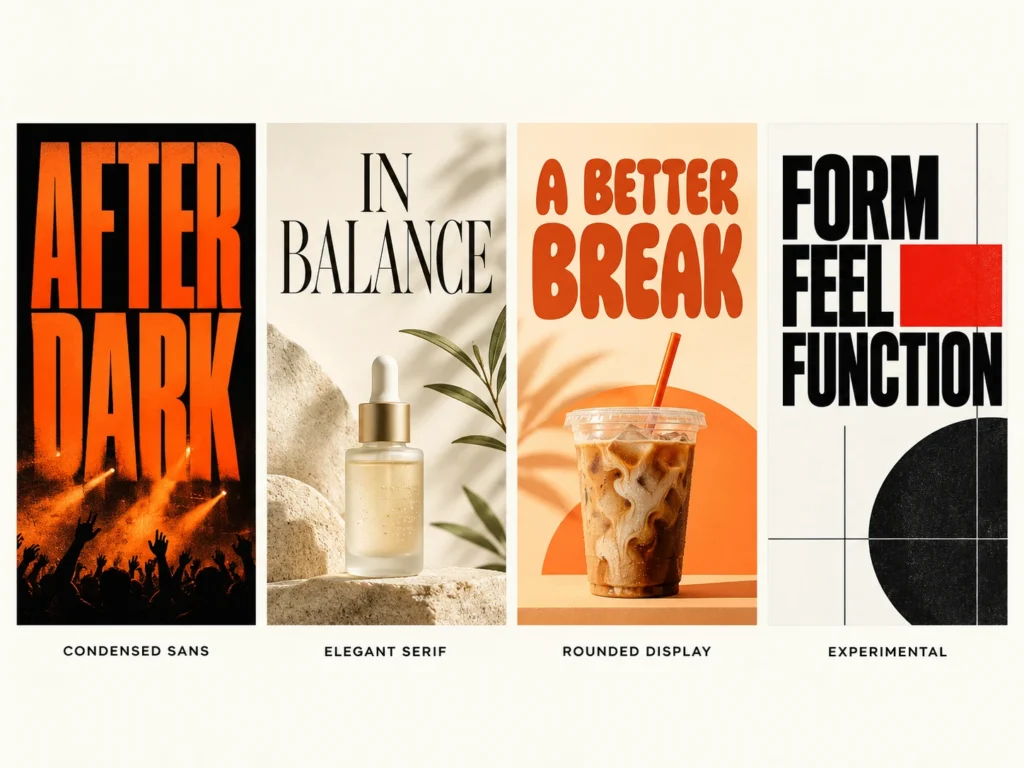 Four poster typography styles compared: condensed sans serif, elegant serif, rounded display, and experimental editorial.