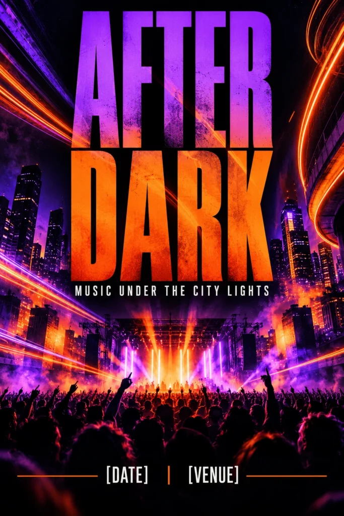 Music festival poster with “AFTER DARK” in condensed type above a concert crowd, with violet and orange city light trails.