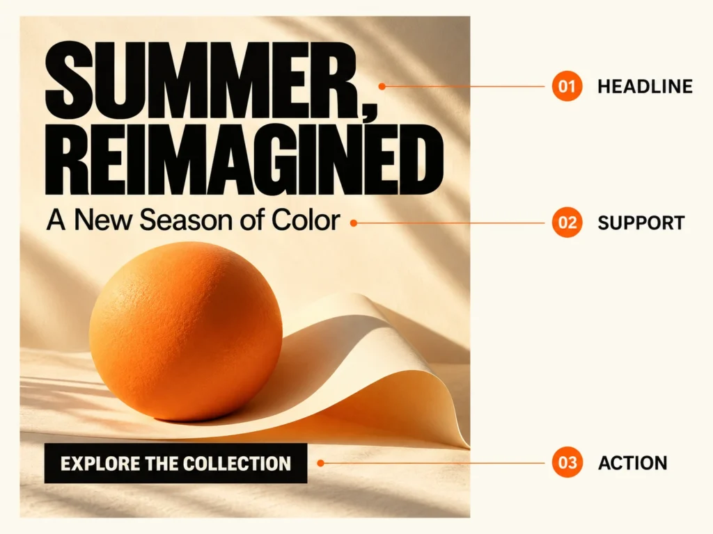 Summer poster with a large headline, a smaller supporting line, and a clear call to action illustrating text hierarchy.