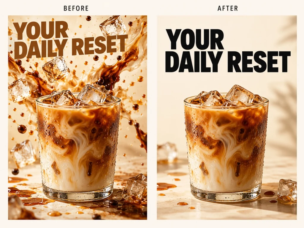 Before-and-after coffee posters showing how clear space, stronger contrast, and margins improve headline readability.