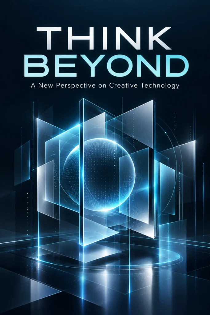 “THINK BEYOND” in geometric type above glowing glass panels and a cyan digital sphere against a deep navy background.