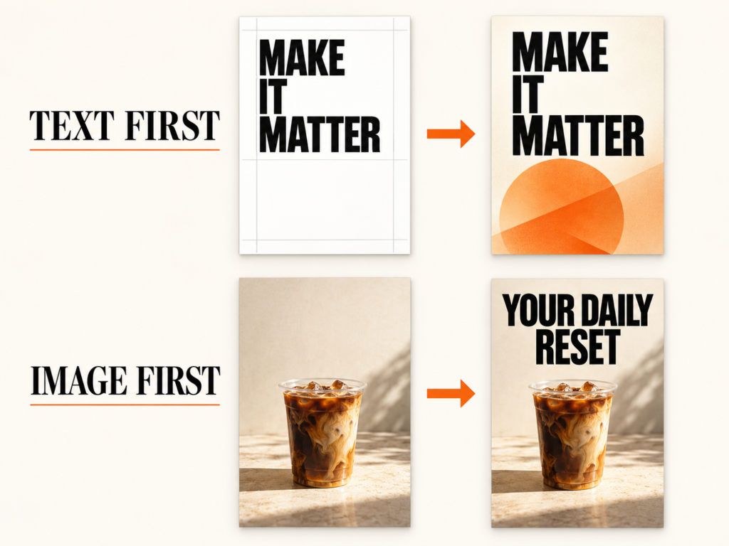 Two AI poster workflows: develop the typography first, or generate artwork with empty space before adding the final text.
