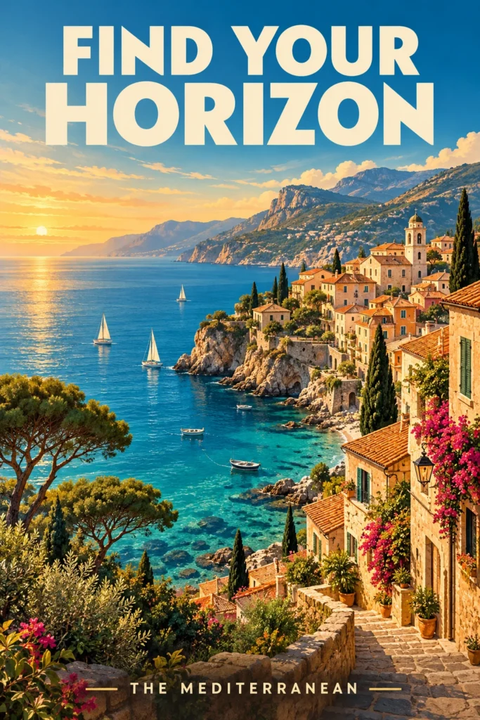 Vintage travel poster with “FIND YOUR HORIZON” above a Mediterranean village, terracotta rooftops, and turquoise water.