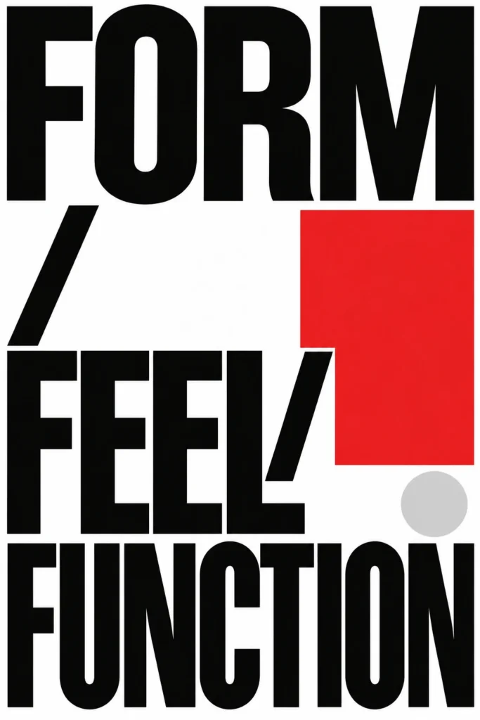 “FORM / FEEL / FUNCTION” in oversized black type on an asymmetric white layout, with a red rectangle and pale-gray circle.
