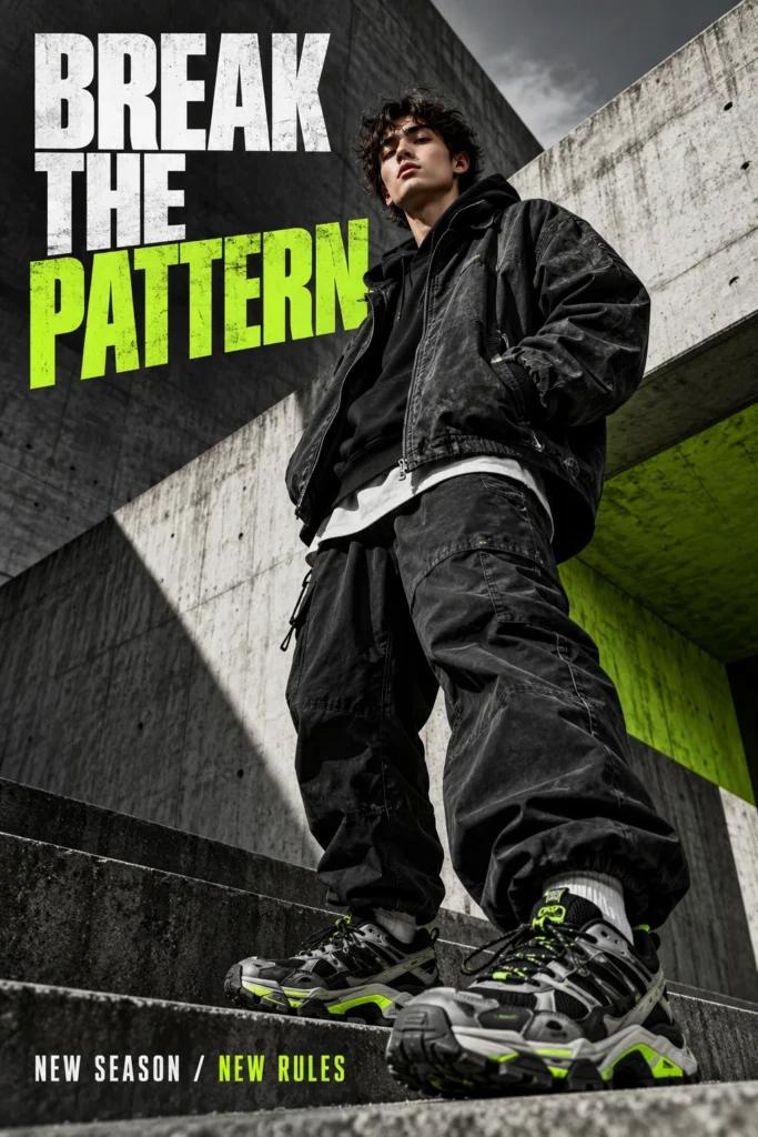 Streetwear model in a charcoal jacket and technical sneakers against concrete, with acid-green type reading “BREAK THE PATTERN.”