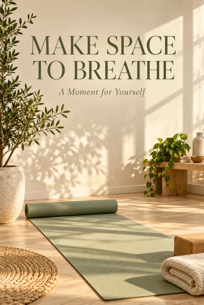 “MAKE SPACE TO BREATHE” in elegant serif type above a sage yoga mat in a sunlit room with plants and soft shadows.