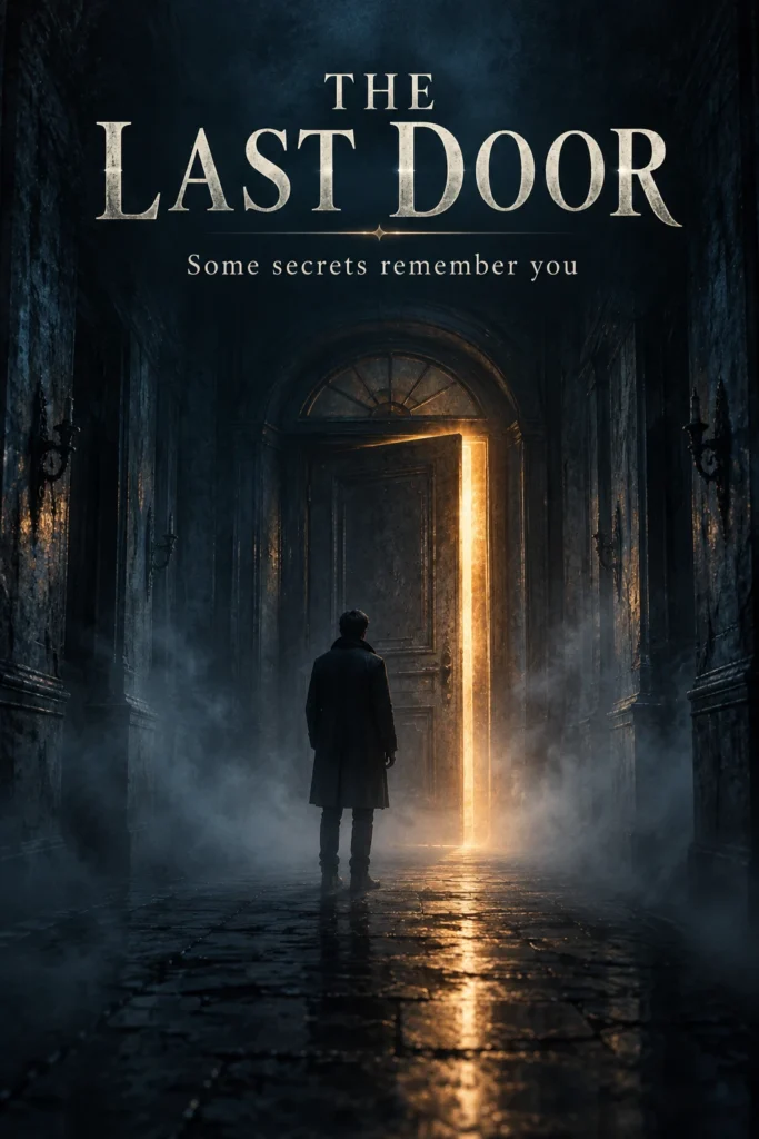 Mystery poster titled “THE LAST DOOR,” showing a lone figure in a foggy blue-gray corridor facing a door glowing with warm light.
