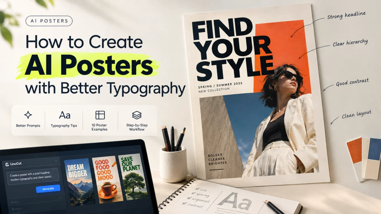 AI poster examples for technology, travel, wellness, and mystery films, each with typography suited to its visual concept.